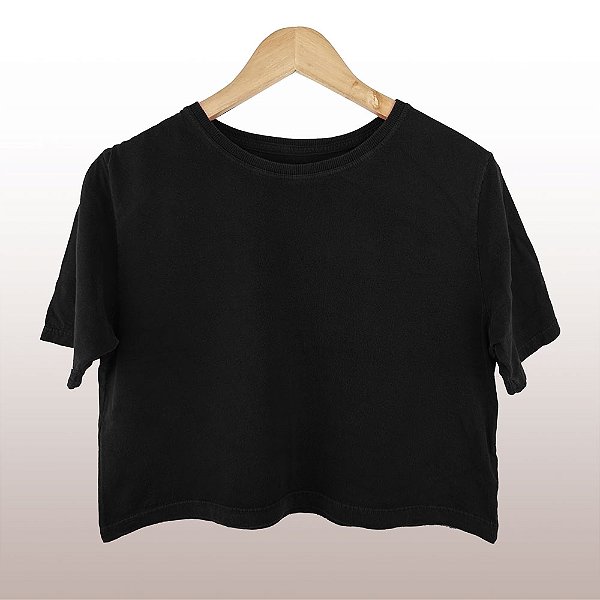 Cropped Camiseta Feminina Pré-Encolhida Lisa Preta