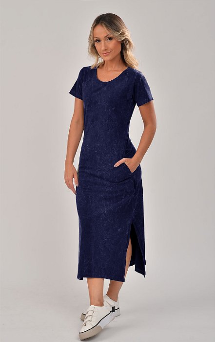 Vestido Midi Fenda Marmorizado M/Malha Algodão Marinho