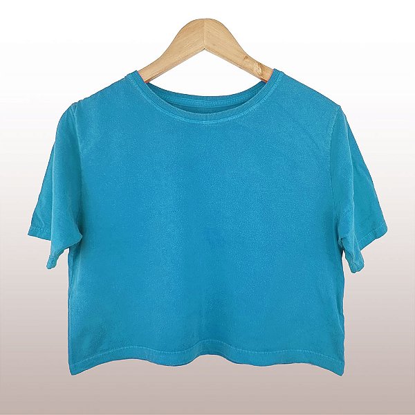 Cropped Camiseta Feminina Estonada Lisa Azul Turquesa