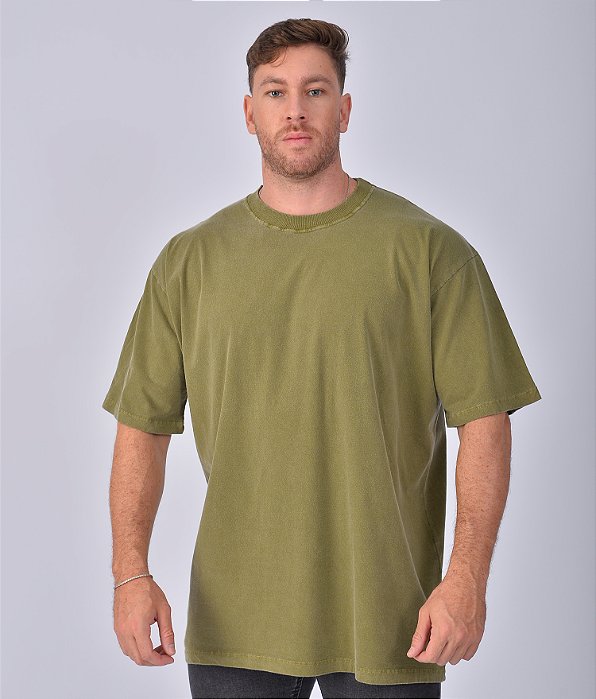 Camiseta Oversized Masculina Estonada Malha Oliva