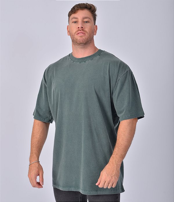 Camiseta Oversized Masculina Estonada Malha Musgo
