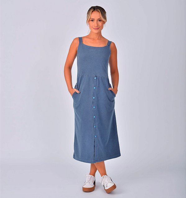 Vestido Midi Botão Estonado M/Malha Algodão Azul Jeans