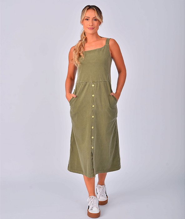 Vestido Midi Botão Estonado M/Malha Algodão Oliva
