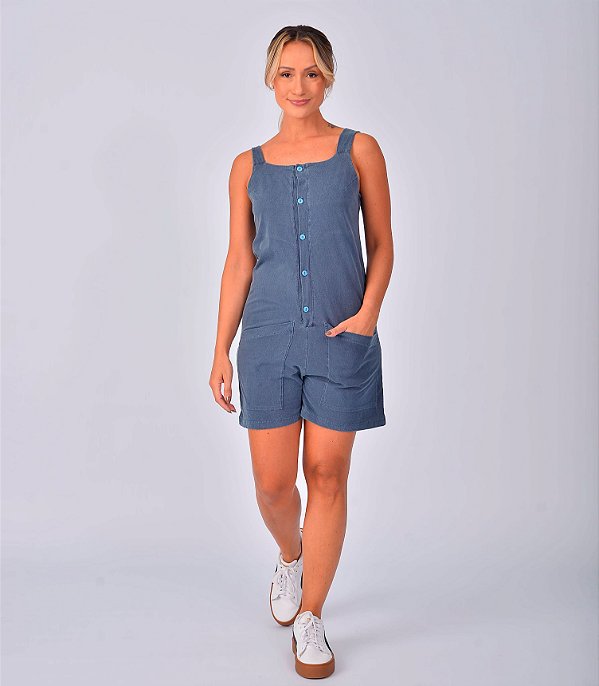 Jardineira Feminina Curta Estonada Algodão Azul Jeans