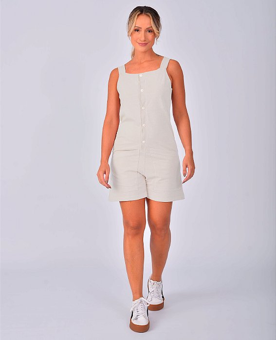 Jardineira Feminina Curta Estonada Algodão Off White