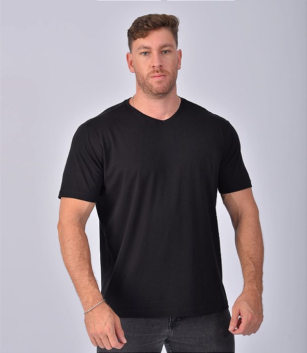 Camiseta Gola V Masculina Algodão Elastano Preta