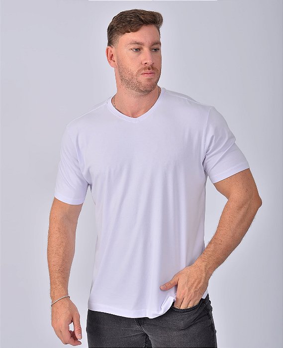 Camiseta Gola V Masculina Algodão Elastano Branca
