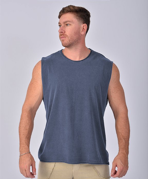 Regata Machão Masculina Estonada Corte a Fio Azul Jeans