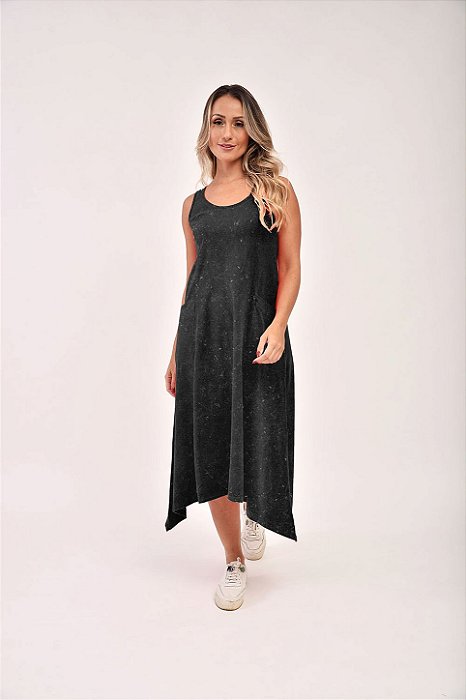 Vestido Midi Marmorizado M/Malha Algodão Casual Preto