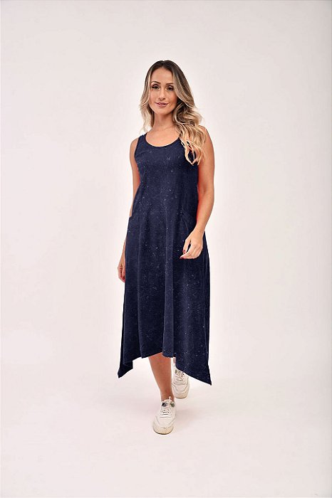 Vestido Midi Marmorizado M/Malha Algodão Casual Marinho