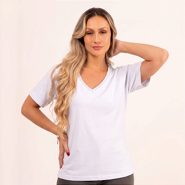 Camiseta Feminina Gola V Branca em Algodão Penteado 30.1