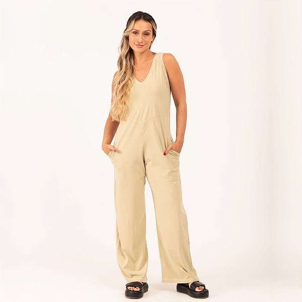 Macacão Feminino Estonado M/Malha Algodão Palha