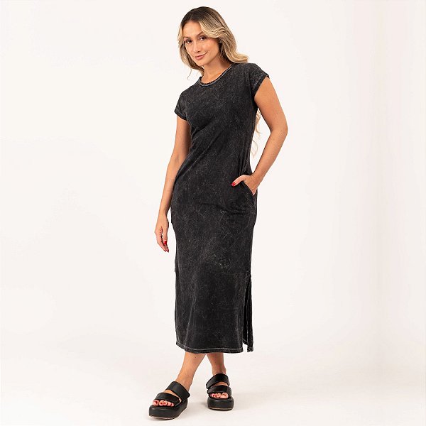 Vestido Midi Manga Japonesa Marmorizado M/Malha Algodão Preto