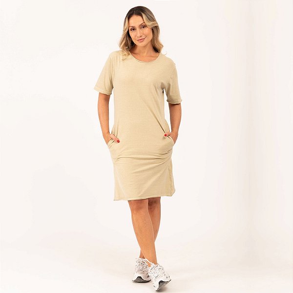 Vestido Curto Camisetão Estonado M/Malha Corte a Fio Palha