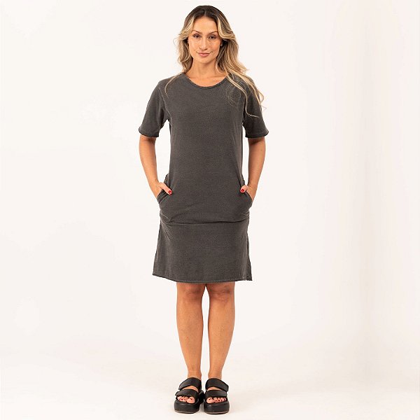 Vestido Curto Camisetão Estonado M/Malha Corte a Fio Chumbo