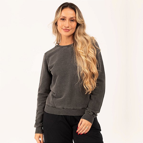 Blusa Feminina de Moletom Estonado Algodão Chumbo