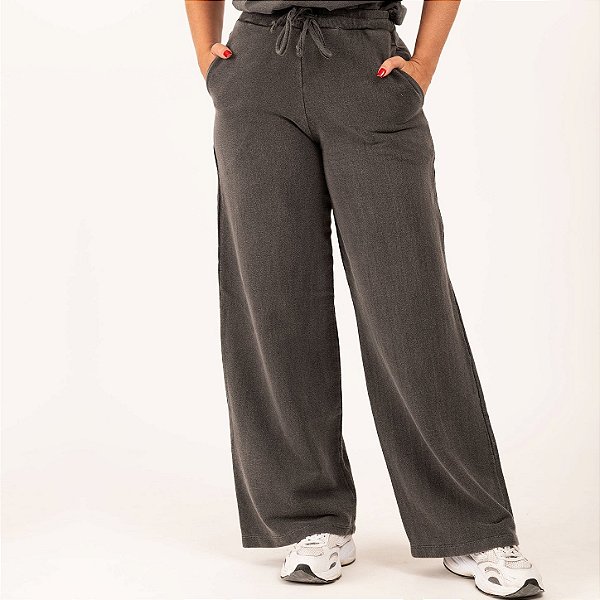 Calça Feminina Pantalona Estonada de Moletom Chumbo