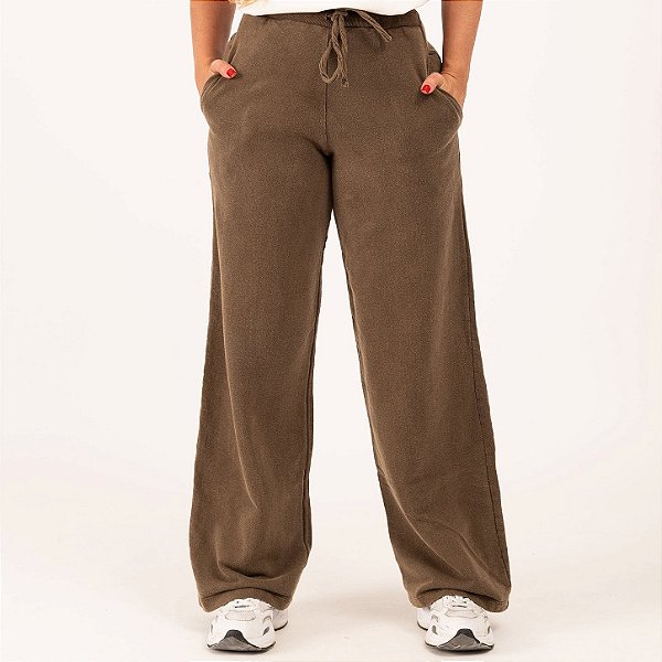 Calça Feminina Pantalona Estonada de Moletom Marrom