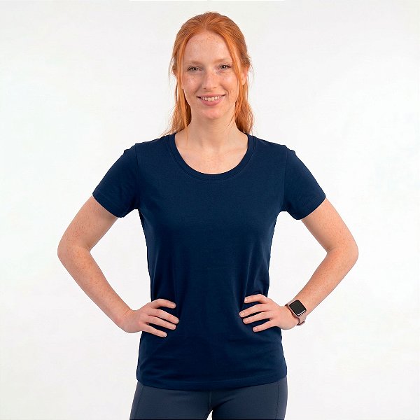 Camiseta Feminina Pré-Encolhida lisa Algodão Marinho