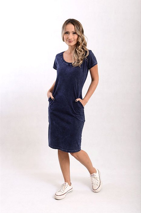 Vestido Curto Camisetão Marmorizado M/Malha Marinho