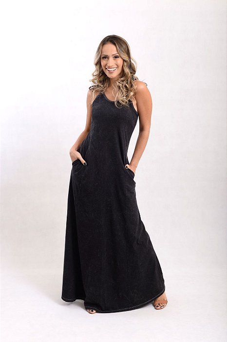 Vestido Longo Alça Marmorizado M/Malha Algodão Preto