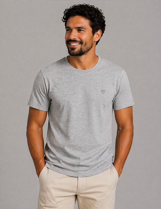 Camiseta Lisa de Algodão Lisa com Gola Careca Cinza Mescla