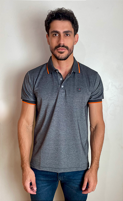 Pólo Piquet Mix Tony Menswear Cinza com Gola Listrada