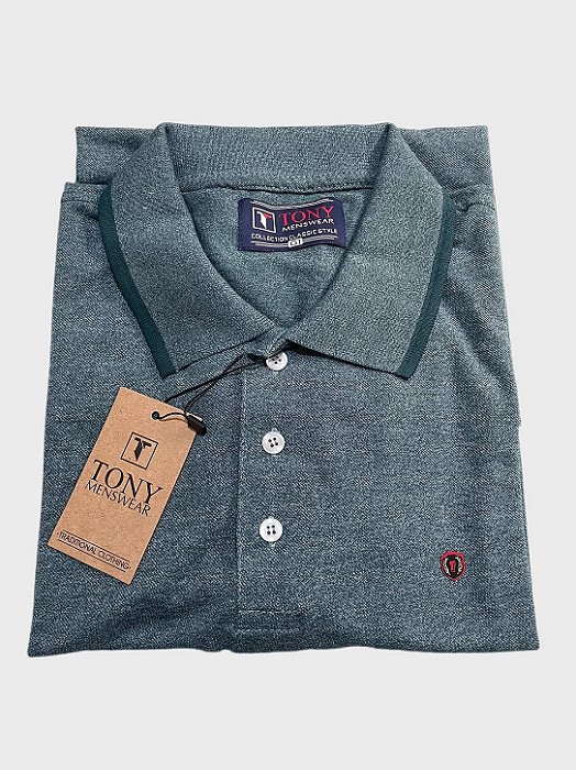Pólo Piquet Mix Tony Menswear Verde com Gola Listrada