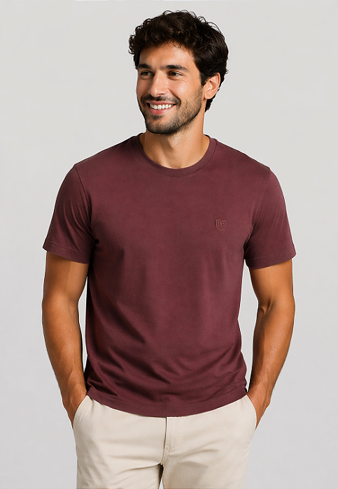 Camiseta Lisa de Algodão com Gola Careca Marsala