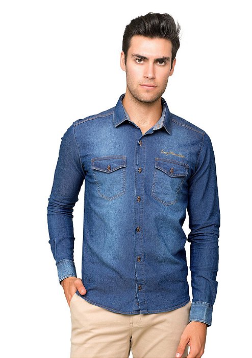 Camisa Jeans Slim Fit com Dois Bolsos