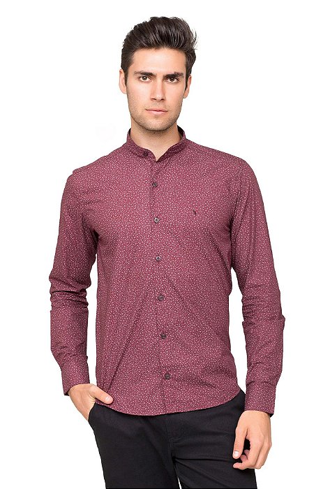 Camisa Slim Fit Masculina Gola de Padre Estampa Floral