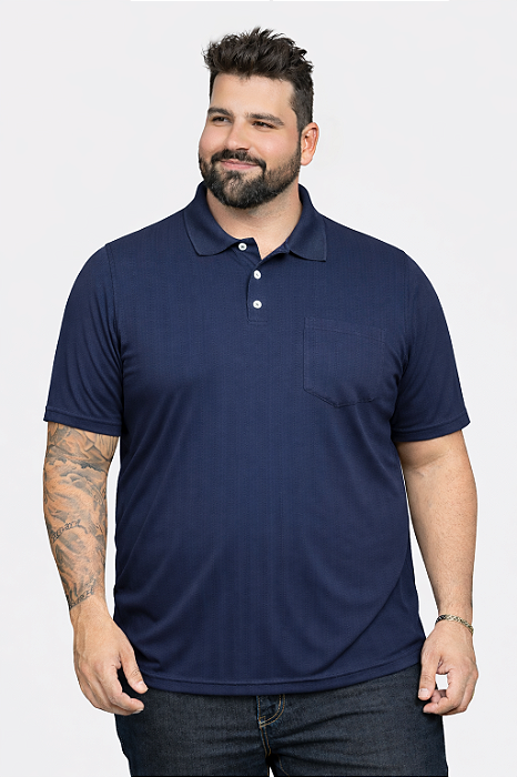 Pólo Tradicional Tony Menswear em Malha com Bolso Tamanho Plus Size Azul Marinho