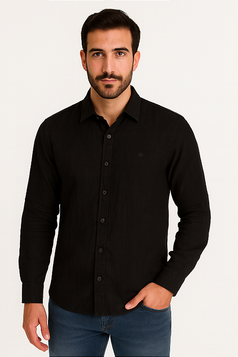 Camisa Masculina Manga Linho Preta
