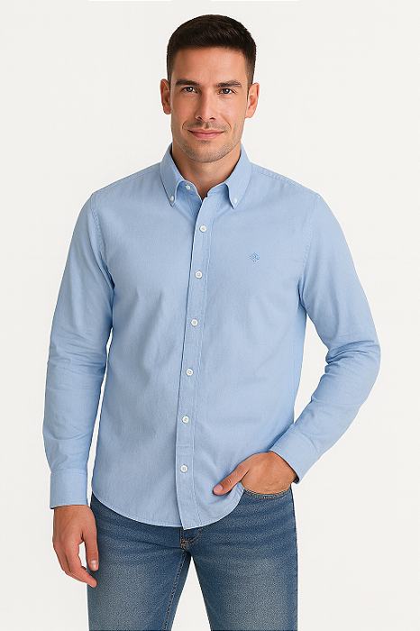 Camisa Masculina Manga Longa Algodão com Elastano Azul