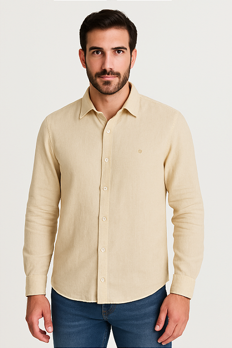 Camisa Masculina Manga Longa em Linho Bege