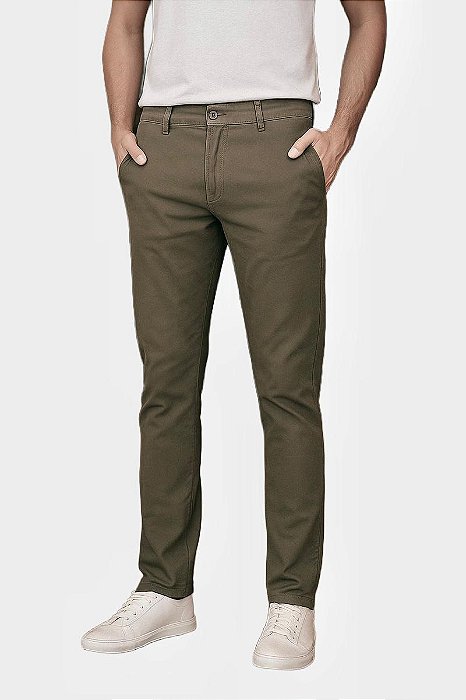 Calça Masculina de Sarja Sport Fino com Bolso Embutido Caqui