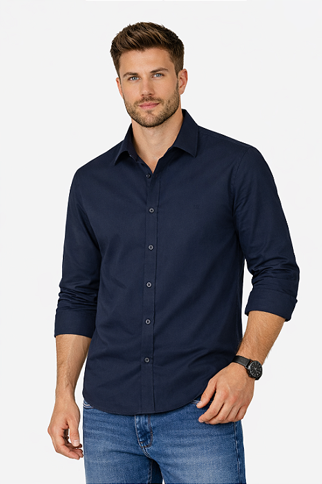 Camisa Masculina Manga Longa Algodão Azul Marinho