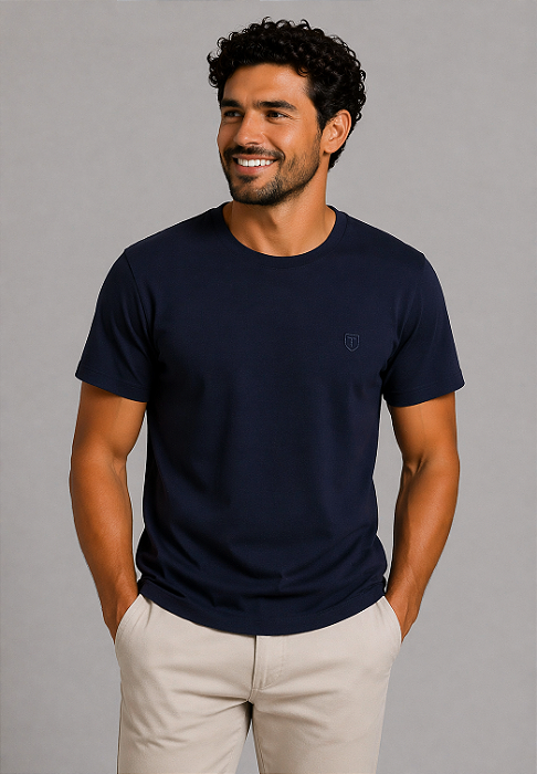 Camiseta Lisa de Algodão com Gola Careca Azul Noite