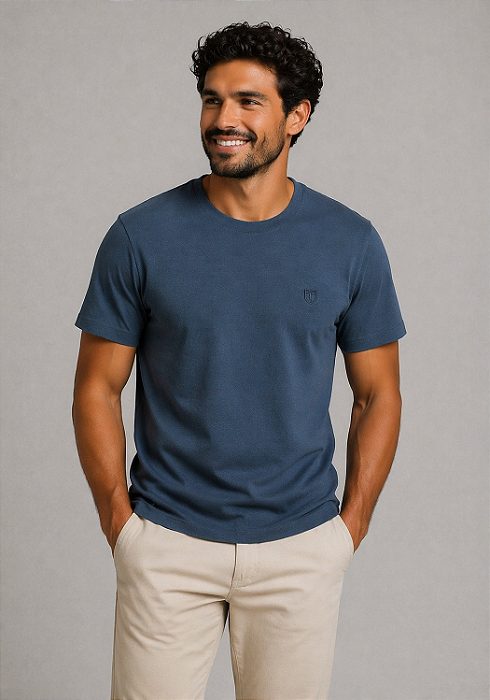 Camiseta Lisa de Algodão com Gola Careca Azul Cobalto