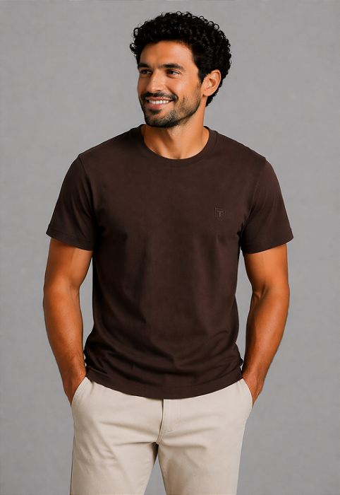 Camiseta Lisa de Algodão com Gola Careca Marrom