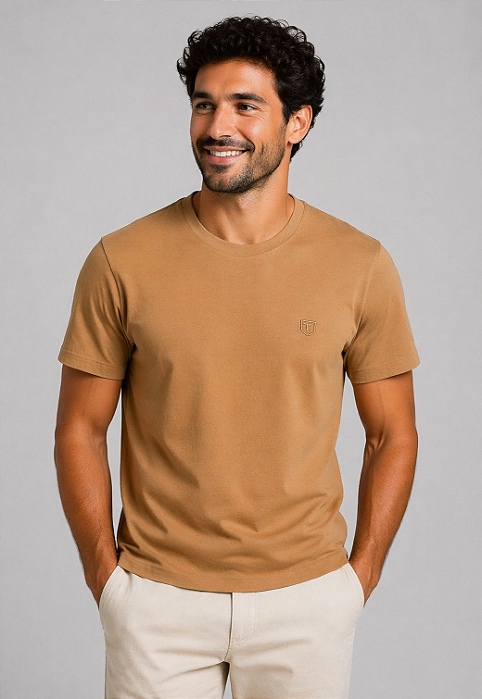 Camiseta Lisa de Algodão com Gola Careca Mostarda