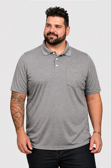 Pólo Tradicional Tony Menswear em Malha com Bolso Tamanho Plus Size Cinza Claro