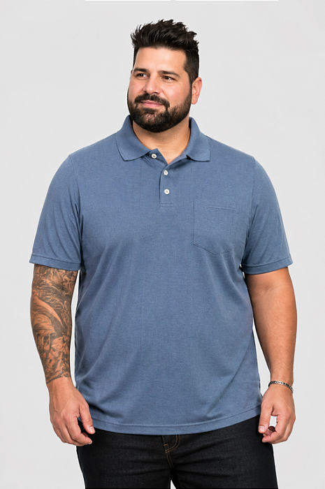 Pólo Tradicional Tony Menswear em Malha com Bolso Tamanho Plus Size Azul Claro