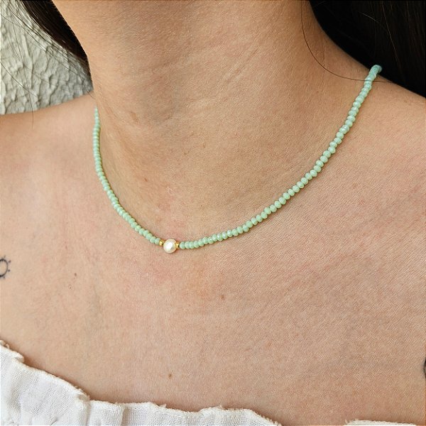 Chocker cristal lapidado com pérola 35cm Verde- Banhado a Ouro 18k