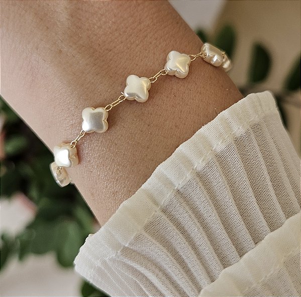 Pulseira Trevo de pérola - Banhado a Ouro 18k