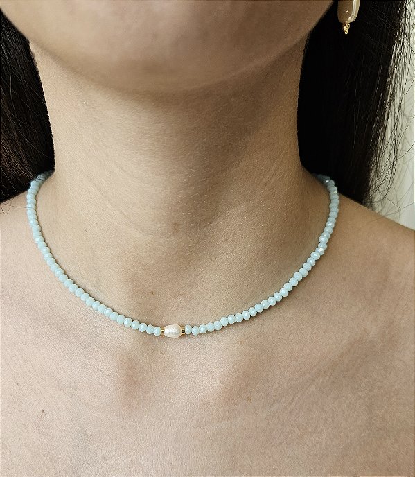 Choker de Cristal Lapidado e Pérola de Água Doce.