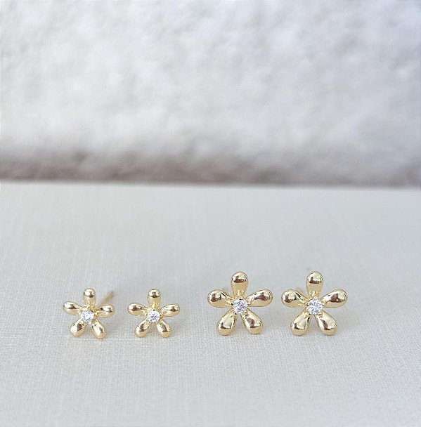 Brinco Duplo Flor Dourada com Zircônia