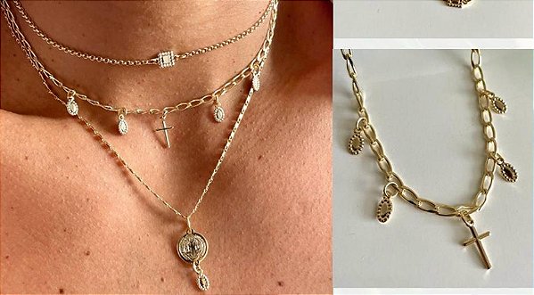 Choker Cruz com micro zircônias de cristal - Banhado a Ouro 18k