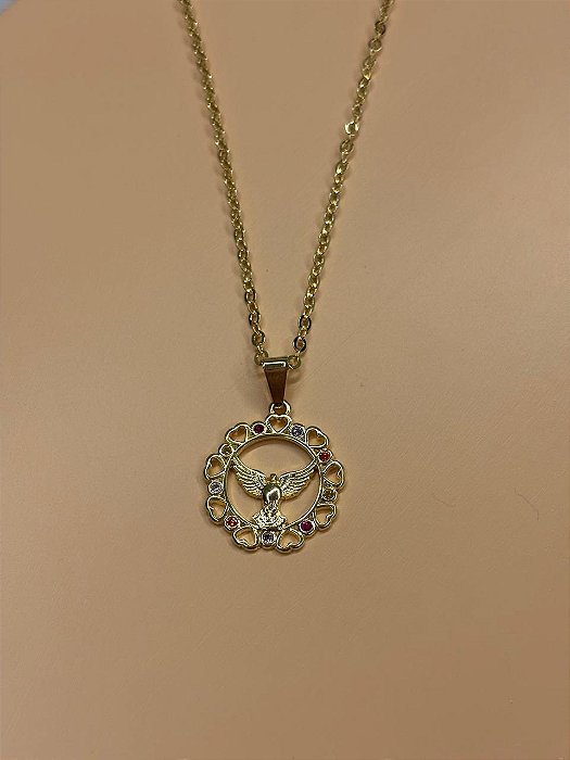 Colar espirito santo com zircônias coloridas - Banhado a Ouro 18k
