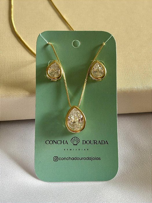 Conjunto Amanda gota em zirconias - Banhado a Ouro 18k